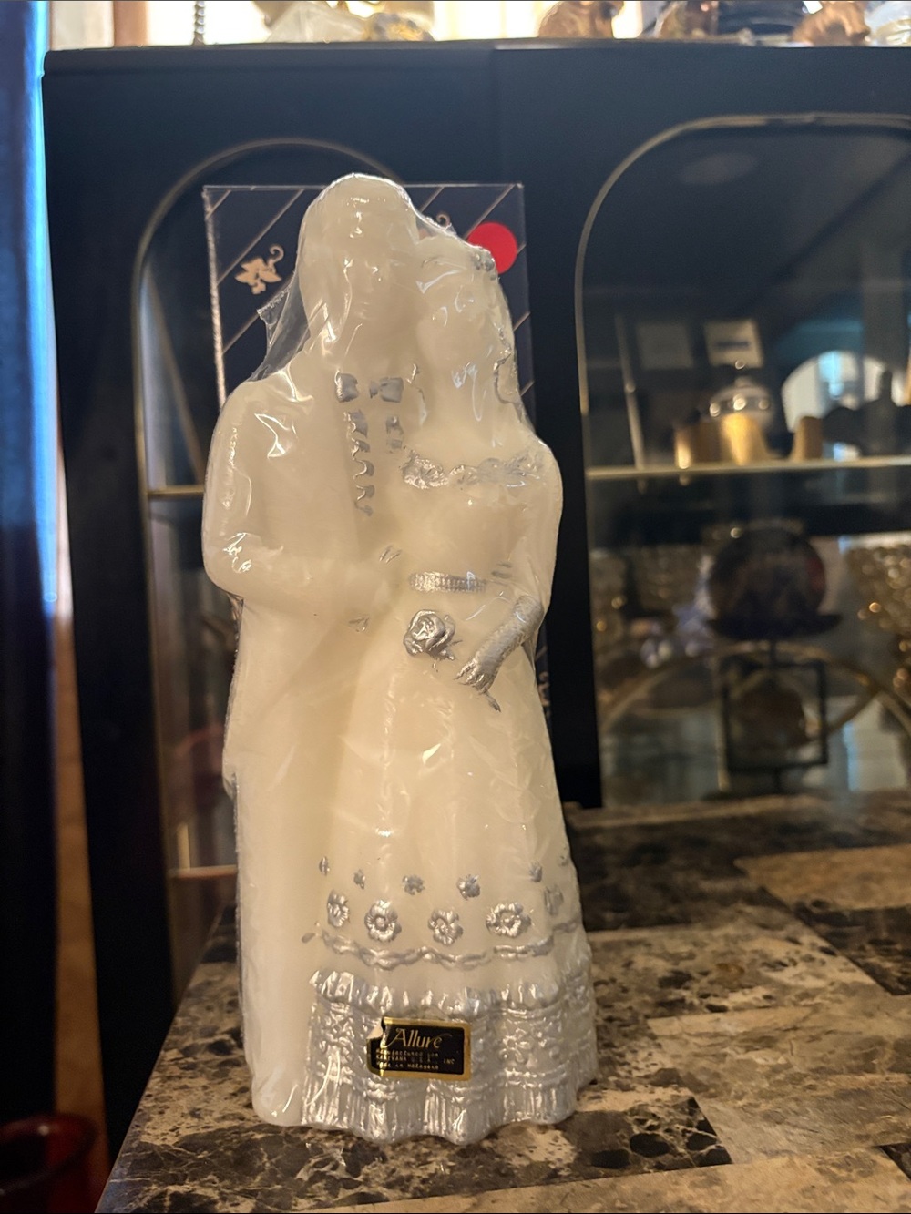 Vintage Allure White Bride and Groom Figurine Candle with Silver Accents